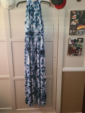 INC International Concepts Blue and White Tie-Dye Halter Dress